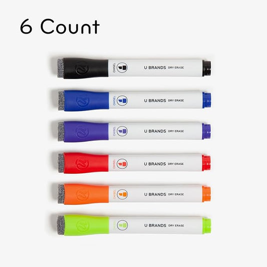 U Brands Fine Tip Dry Erase Markers with Eraser, Whiteboard Markers with Chisel tip, Low Odor, Assorted Colors, Set of 6