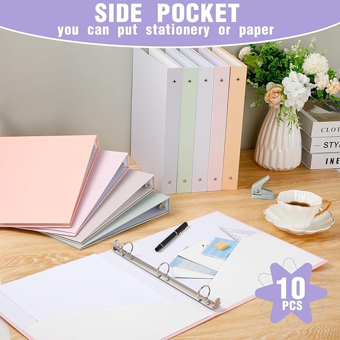 Ctosree 10 Pack Colored 3 Ring Binder with 2 Pockets Hardcover Loose Leaf Binder for Women Men Teacher Student School Office Home Supplies, Fits 11 x 8.5 Size Paper, 10 Colors(1",Fantasy Color)
