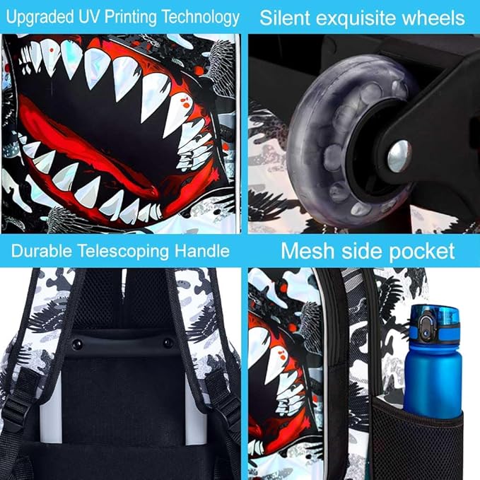 18" Shark Rolling Backpack for Boys, 3Pcs Kids School Backpacks with Wheels, Roller Bookbag with Lunch Box for Preschool Toddler Elementary(Black)