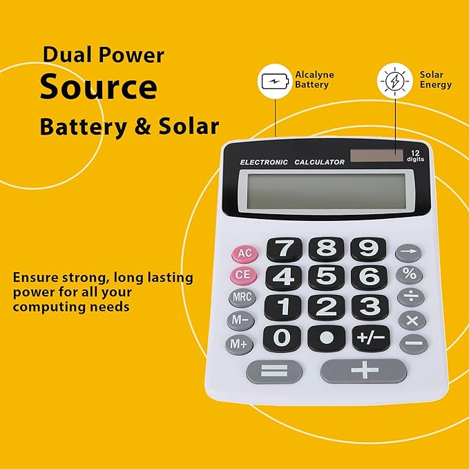 Lily' Home Jumbo 12 Digit with Solar Power, Large LCD Display - Desktop Calculator, Dual Power, Large Button Design, Battery Operation, Easy-to-Read Tilted, for Home, Office, School, Class & Business