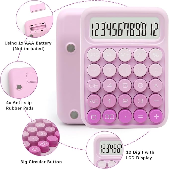 Gradient Pink Calculator, UPIHO Standard Calculator,12 Digit Display and Big Buttons,Pink Office Supplies and Desk Accessories,Cute Office and School Accessory