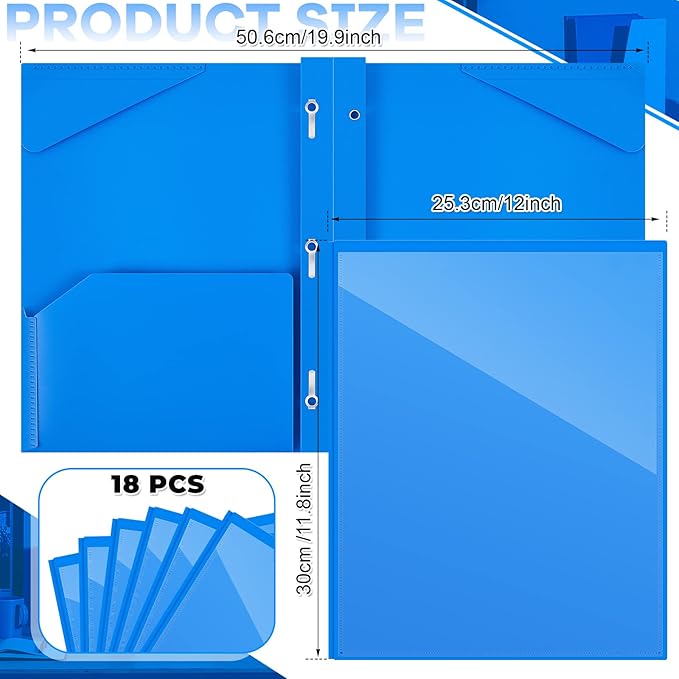 Henoyso 18 Pcs Plastic Folder with Clear Front Pocket and 3 Prong Plastic Folders with Card Slot Pocket Folders with Prongs for School Office (Blue)