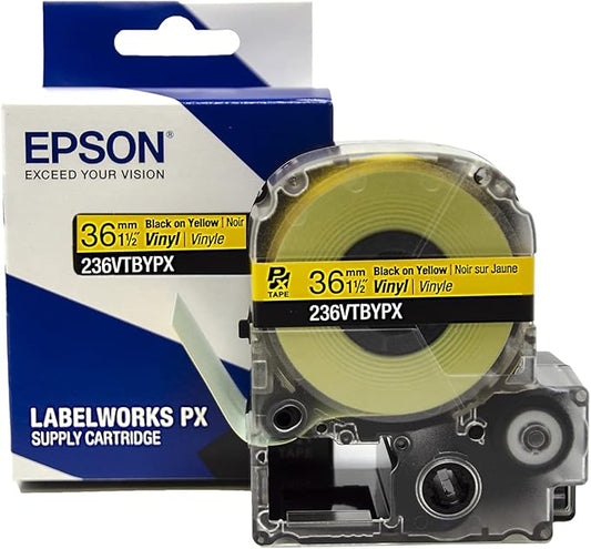 Epson LABELWORKS 236VTBYPX Genuine Tape Cartridge - Black on Yellow Flexible and Durable Vinyl Industrial Label Maker Tape - 1.5" (36MM) Wide, 22.9 ft