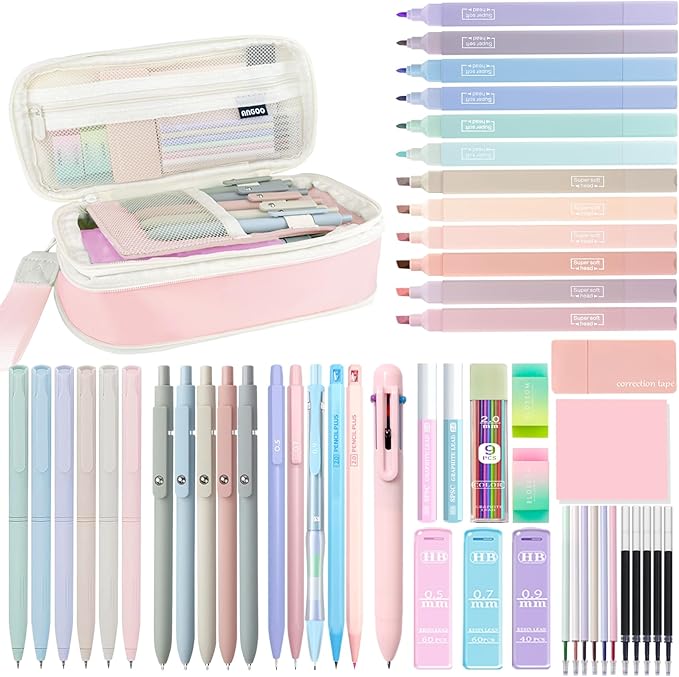 54Pcs Aesthetic School Supplies Set with Large Pastel Pencil Case 12 Dual Tip Highlighters, 6 Gel Pens, 5 Black Pens, 5 Mechanical Pencils (0.5-2.0mm) - Perfect Student & College Essentials Gifts