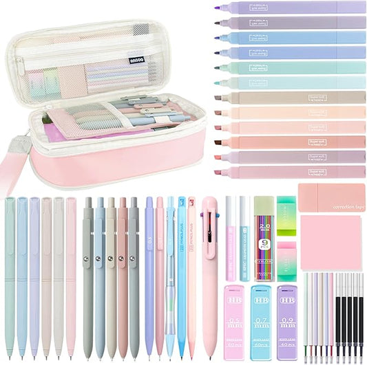 54Pcs Aesthetic School Supplies Set with Large Pastel Pencil Case 12 Dual Tip Highlighters, 6 Gel Pens, 5 Black Pens, 5 Mechanical Pencils (0.5-2.0mm) - Perfect Student & College Essentials Gifts
