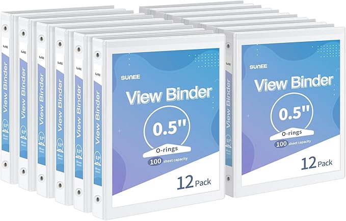 SUNEE 1/2 Inch Binders 3 Ring 12 Pack Bulk, 3 Ring Binders Clear View PVC-Free (Fit 8.5x11 Inches) for School or Office Supplies, White
