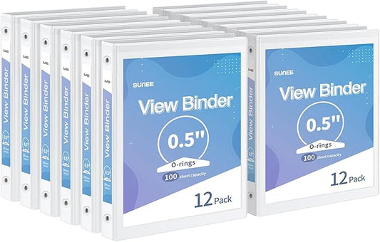 SUNEE 1/2 Inch Binders 3 Ring 12 Pack Bulk, 3 Ring Binders Clear View PVC-Free (Fit 8.5x11 Inches) for School or Office Supplies, White