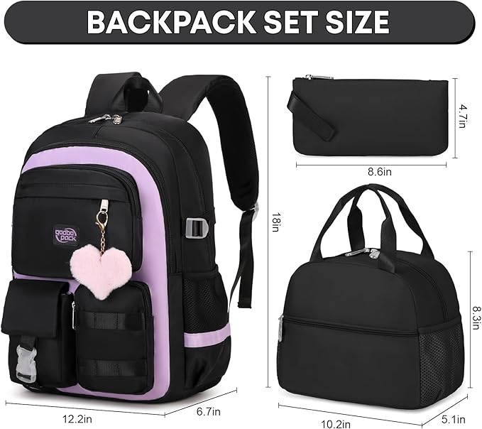 3PCS Girls Backpack For College Middle High School Student Teens Women Bookbag Waterproof Laptop Bag Black Purple