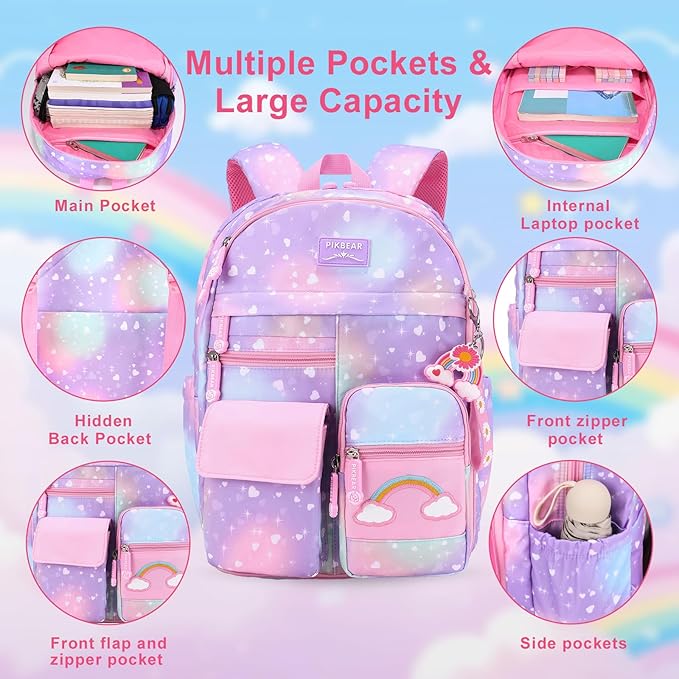 Girls Backpack Set 3 IN 1,Cute Rainbow Kids Backpack with Insulated Lunch Box Pen Case Set Student School Bag (Purple-3 piece set)