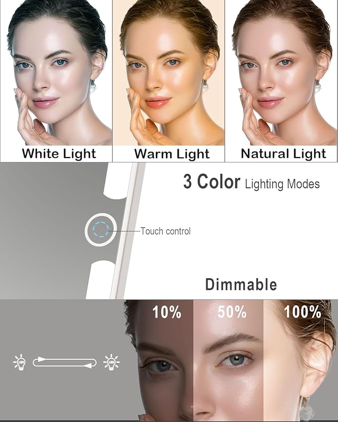 Rechargeable Travel Makeup Mirror with Lights, Portable Lighted Regular Mirror with Small 10X Magnification, 70 LEDs 3 Color Dimmable, Tabletop Folding Compact Cosmetic Mirror