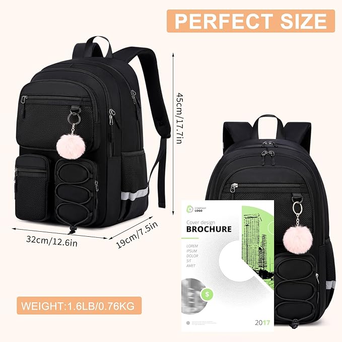 School Backpack for Teen Girls, Cute College Back Pack for Women, Kids Backpack for Girls, Middle Students School BookBag, 15.6 Inch Laptop Bag Travel Back Pack, Black
