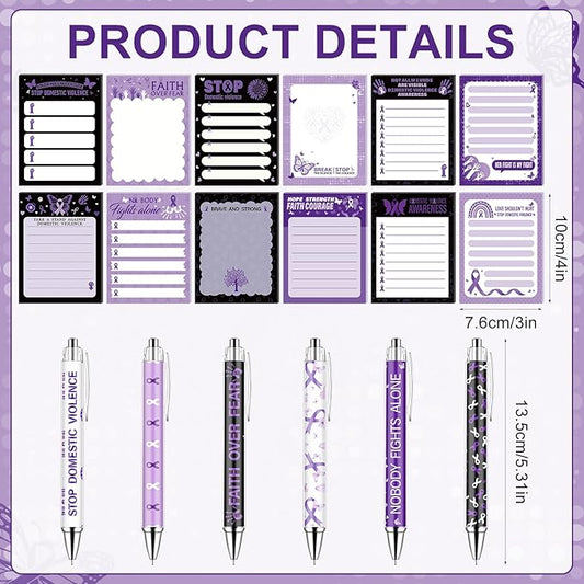 48 Domestic Violence Awareness Month Supplies Stop Domestic Violence Sticky Notes and Ballpoint Pens with Purple Ribbon Against Violence DV Survivor Support Gifts October Awareness Month Gift