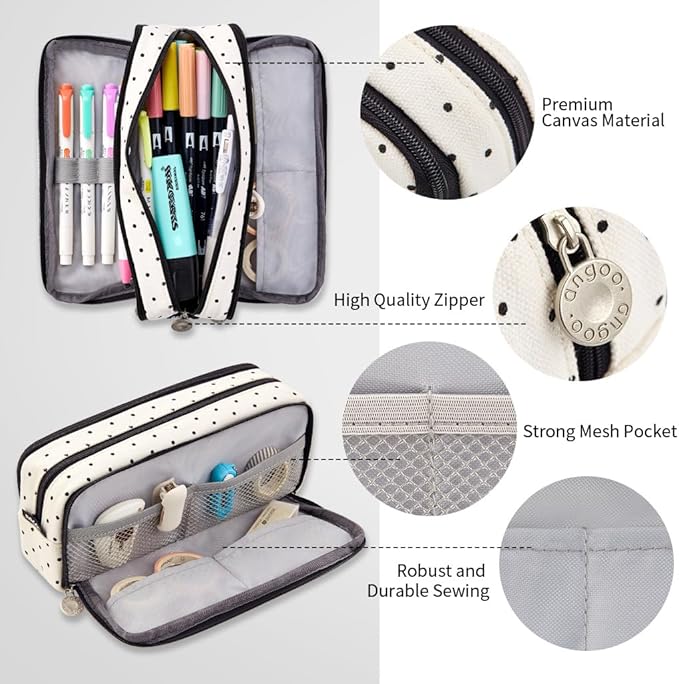 ANGOOBABY Large Pencil Case Big Capacity 3 Compartments Canvas Pencil Pouch for Teen Boys Girls School Students (Black Dot)