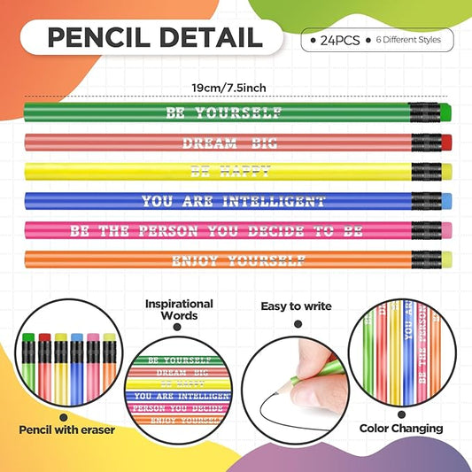 Sabary 48 Pcs Motivational Pencils Inspirational Silicone Bracelets Set Mood Pencil Motivational Quote Rubber Wristbands for Kids Teens Christmas Classroom Gifts for Students (Colorful Background)