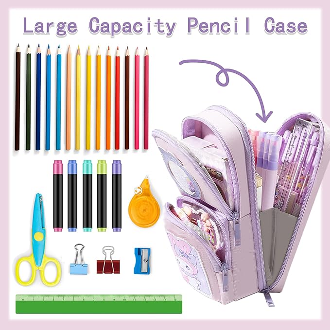 Pink Cute Pencil Case for Girls Boys & Women Large Zippered Pen Pouch Organizer with Aesthetic Design Kids School Supplies canvas Marker Bag Travel Stationery Box back to school gift (purplr)