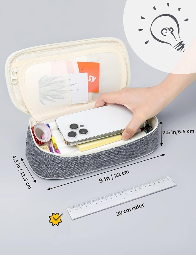 SUNEE Cute Pencil Case, Aesthetic Pen Pouch, Colored Large Pencil Bag with Zipper, Kawaii Stationery Storage and Organizer, School Supplies for Teen and Adult Girls, Gray