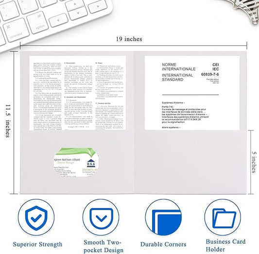 Zzrywuty 100 Packs Two Pocket File Folders with Business Card Slot,Textured Paper,Letter Size,Holds 100 Sheets for School,Office,Business,White