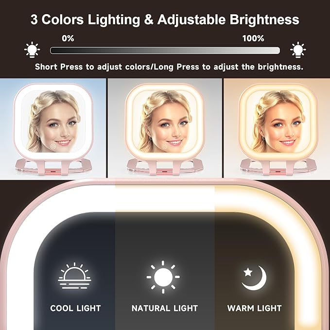 Mocado Compact Travel Makeup Mirror, 1X/30X Magnifying Mirror with Light, Double Sides Compact Mirror with 3 Color Light, Dimmable Handheld Mirror, Rechargeable Travel for Purse,Pocket(Pink)