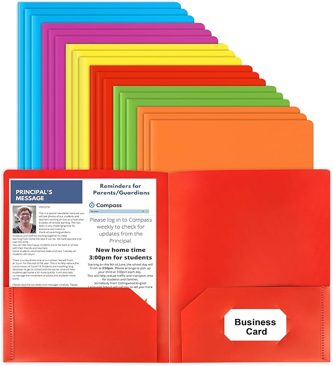 Plastic Folders with Pockets, 18 Color Heavy Duty Two Pocket Folder Business Card Holder for Office High School
