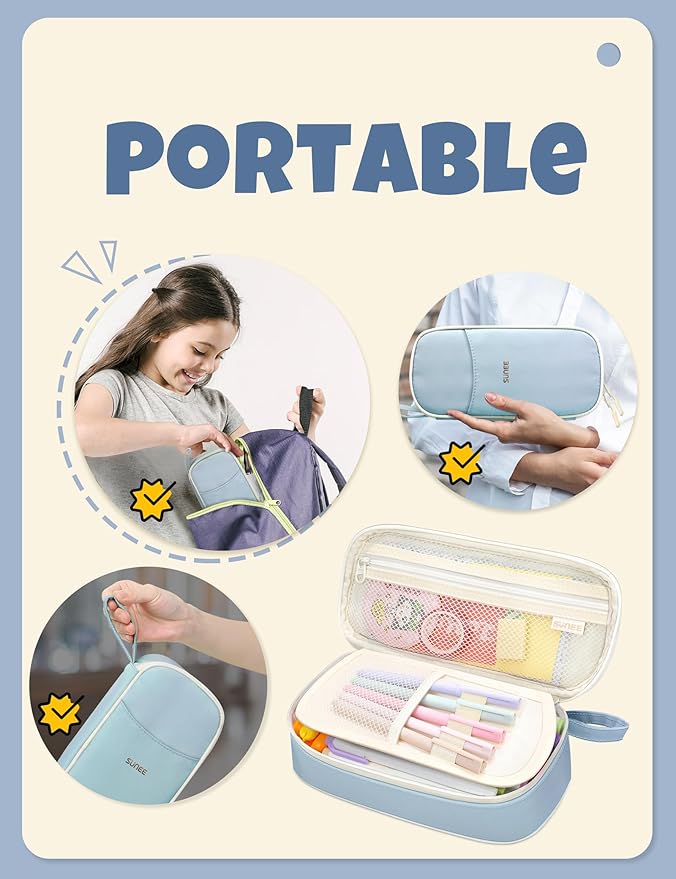 SUNEE Large Pencil Case, Cute Pen Pouch, Aesthetic Zipper Stationery Bag Large Capacity Kawaii Pen Organizer, Blue, Bag Organiser