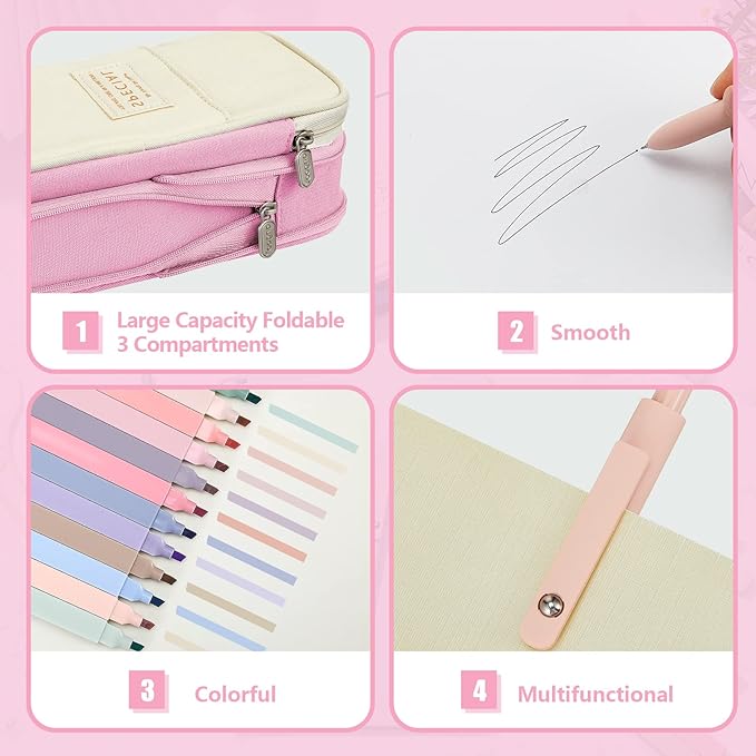 Henoyso 18 Set Aesthetic School Supplies Include Big Capacity Study Pen Bag with Zipper 12 Pcs Chisel Tip Bible Highlighters 5 Pcs Quick Dry Retractable Black Ink Pens for Student Office(Pink)