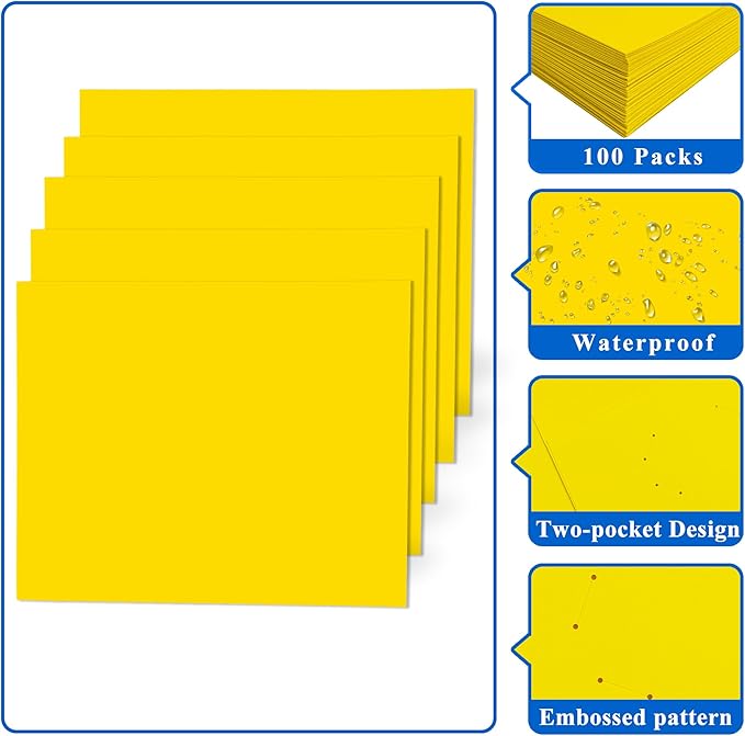 Zzrywuty 100 Packs Two Pocket File Folders with Business Card Slot,Textured Paper,Letter Size,Holds 100 Plus Sheets for School,Office,Business,Yellow