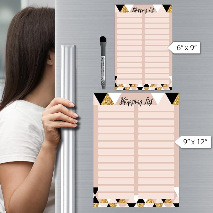 Dry Erase Shopping List Vinyl Sticker Decal Whiteboard by Glassboard Studio | Removable & Reusable | Magnetic Fine-Tip Marker Included (9 x 12 inches, Rose & Gold)