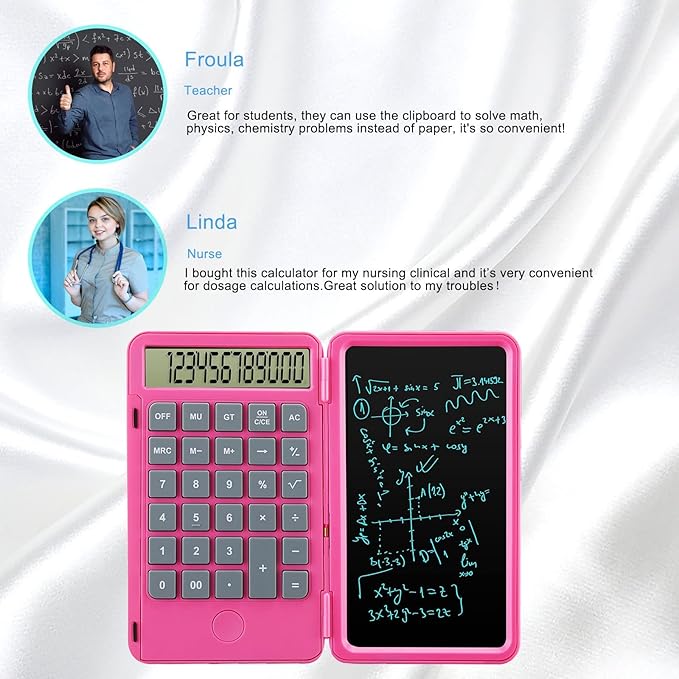 Hion Calculators,12-Digit Large Display Rechargeable Pocket Office Desktop Calculator with Erasable Wiriting Tablet,Mute Basic Desk Calculators with Doodle Pad for Student Home School,Pink