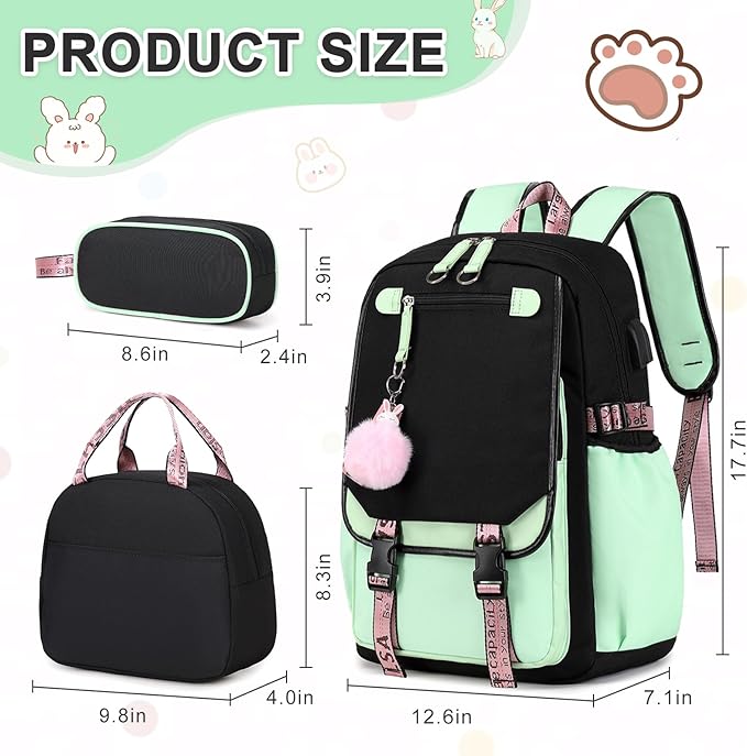 Bevalsa School Backpack for Girls, Backpack with Lunch Box & Pen Case, Bookbag for Girls Kids Elementary Middle High School Student 21L Children Schoolbag (Black Green)