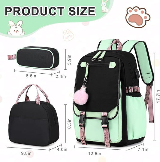 Bevalsa School Backpack for Girls, Backpack with Lunch Box & Pen Case, Bookbag for Girls Kids Elementary Middle High School Student 21L Children Schoolbag (Black Green)