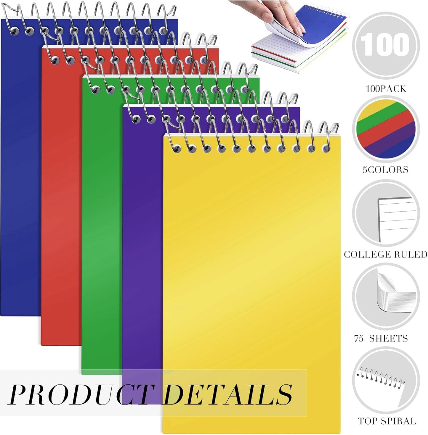 Leinuosen 100 Pcs Spiral Memo Pads 3x5 Inch 75 Sheets College Ruled Small Pocket Notebooks Little Mini Notepads Bulk Top Bound Lined Note Pads for Home School Office Travel Work (Bright Color)