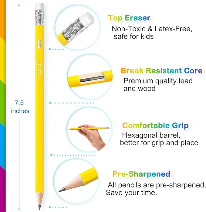 V-Opitos #2 Pre-Sharpened Wood-Cased Pencils, 50 Pack with Top Erasers, Bulk 2HB Pencils in Assorted Colors for School, Writing, Drawing and Sketching