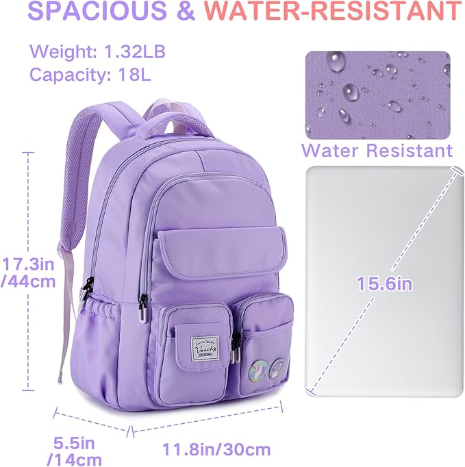VASCHY Backpack for Girls, Cute School Bag Bookbag for Elementary Middle Schooler Teen Girls/Kids Travel with Clear Pin Pouch Purple