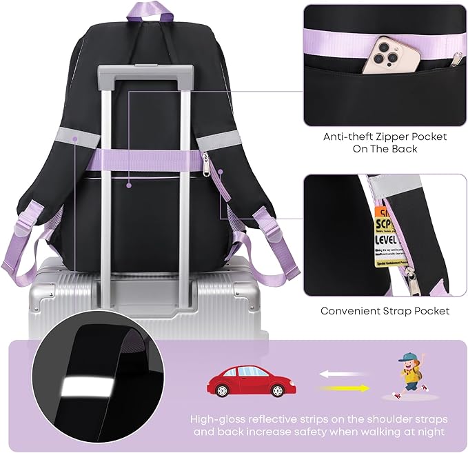 3PCS School Backpack For Student Women College Middle High Teen Girls Bookbag Waterproof Laptop Bag Black Purple