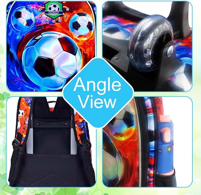3Pcs Soccer Rolling Backpack for Boys, Kids School Backpacks with Wheels, Roller Bookbag with Lunch Box for Elementary Preschool(Ice and Fire)