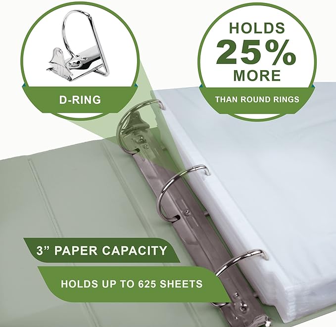 Samsill Plant-Based 3 Inch Durable D-Ring, Made in USA, View Binder, Eco-Friendly, USDA Certified Biobased, 2 Pack, Sage Green