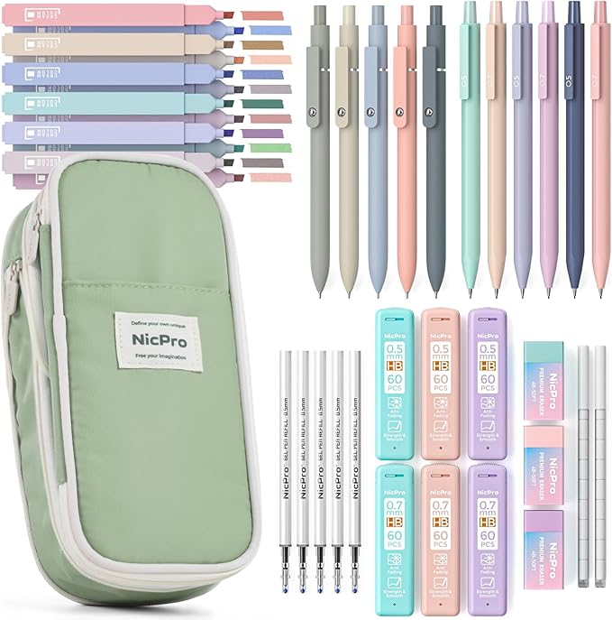 Nicpro 39 PCS Aesthetic School Supplies with Cute Pencil Case, 12 Color Pastel Highlighters, 5 Quick Dry Retractable Black Ink Pens, 6 Pastel Mechanical Pencil 0.5 & 0.7 mm for Student Stationary