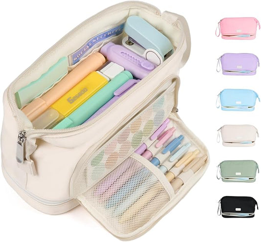 Sooez Big Pencil Case, Extra Large Pencils Pouch, Wide Opening Pen Bag Box with 6 Compartments, Store 200 Pens, Zipper Stationery Organizer, Cute Aesthetic School Supplies for Teen Girls Boys Women