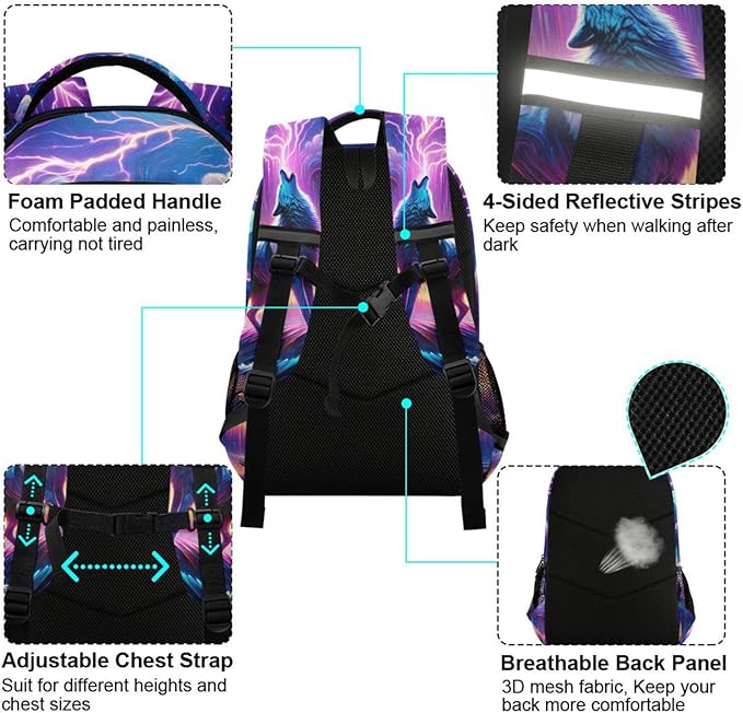 Wolf Howling Moon Lightning Backpack for Boys Girls Elementary School Bag Kids Bookbag Travel Rucksack