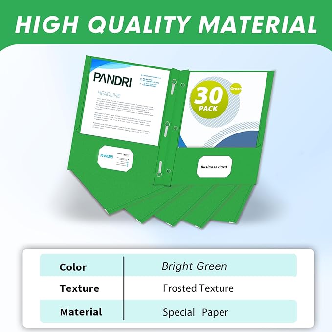 Two Pocket Folders, PANDRI 30 Pack Two Pocket Folders with Prongs, 3 Prong Folders Designed for Office and Classroom, Letter Size Green