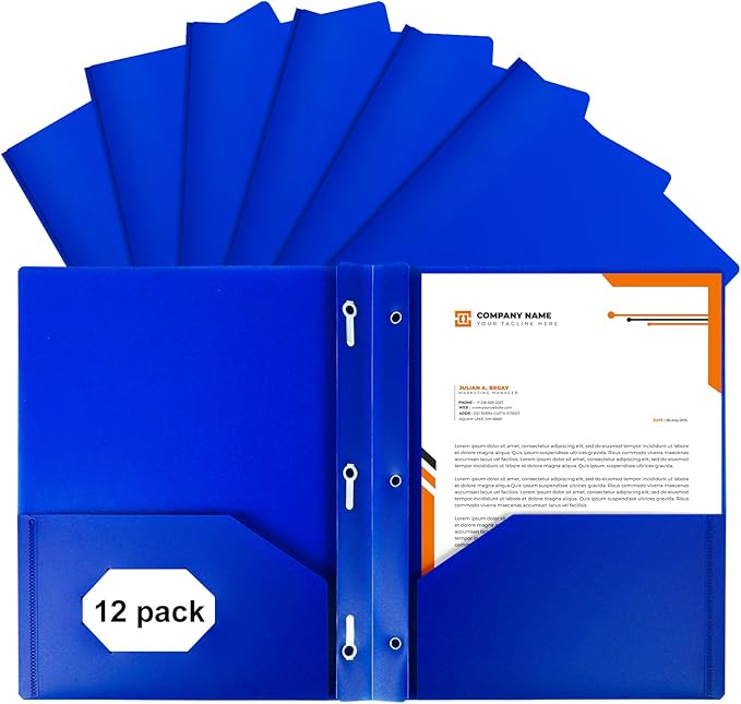 2-Pocket Folders with 3 Prongs,12-Pack Plastic Folders with Pockets and Prong Holds Letter Size Paper, Plastic Pockets Folder for School, Office and Home, Blue