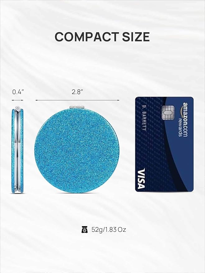 OMIRO 1X/10X Magnifying Compact Mirror with PU Leather, Ultra-Portable for Purses and Travel, Round Blue