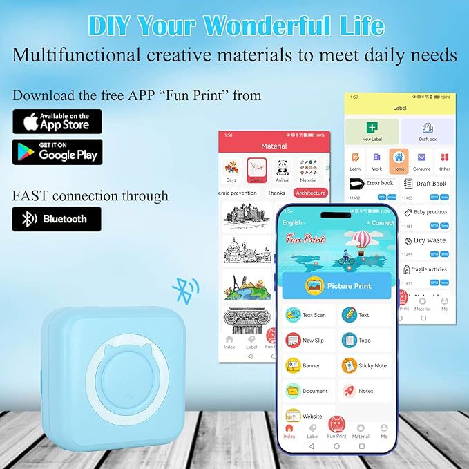 Mini Thermal Inkless Sticker Printer with 14 Rolls Paper, Compatible with iPhone/Android Phone/Tablet, Mini Pocket Printer for Photos/Stickers/Labels/Notes, Blue