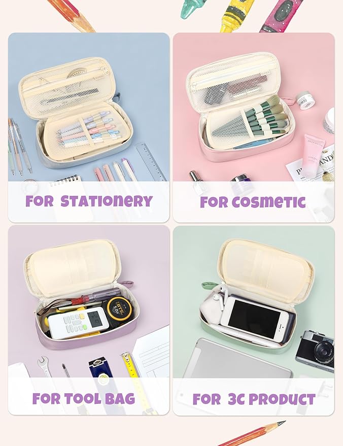 SUNEE Cute Pencil Case, Aesthetic Pen Pouch, Colored Large Pencil Bag with Zipper, Kawaii Stationery Storage and Organizer, Purple School Supplies for Teen and Adult Girls