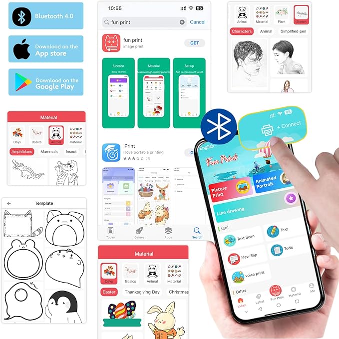 Blue Mini Pocket Printer with Black Case, Thermal Printers with 10 Rolls Thermal Paper, Portable Photo Printer for Travelling, Journal, Memo, Photo, Study Notes, Shopping Lists