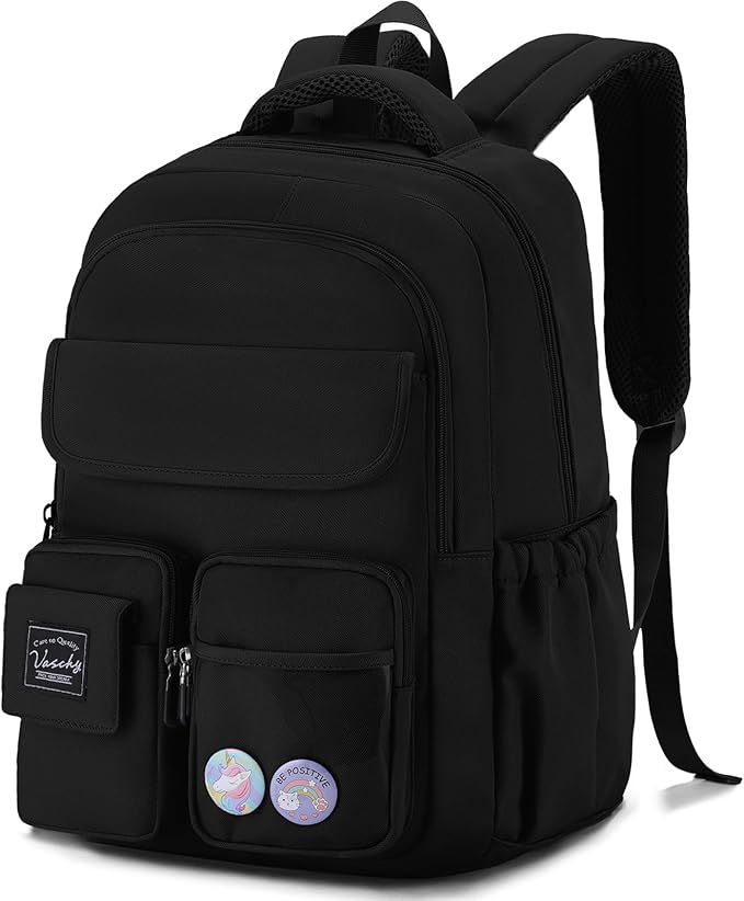 VASCHY Backpack for Girls, Cute School Bag Bookbag for Elementary Middle Schooler Teen Girls/Kids Travel with Clear Pin Pouch Black