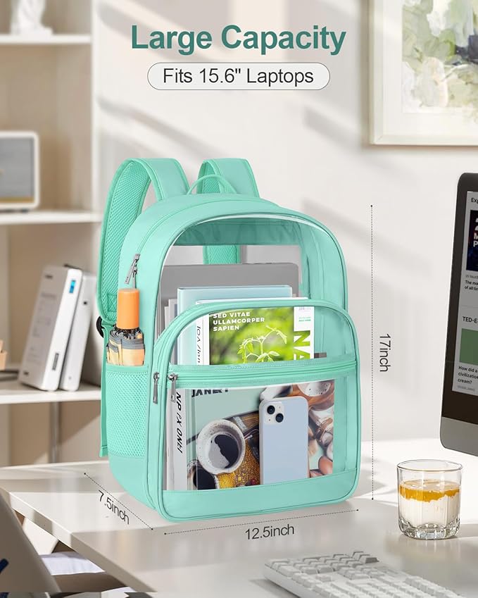 Clear Backpack, Heavy Duty Transparent Bookbag for School, Fabric & PVC Transparent Backpack with Reinforced Strap for Women Men, Capacity Clear Bag for College, Turquoise