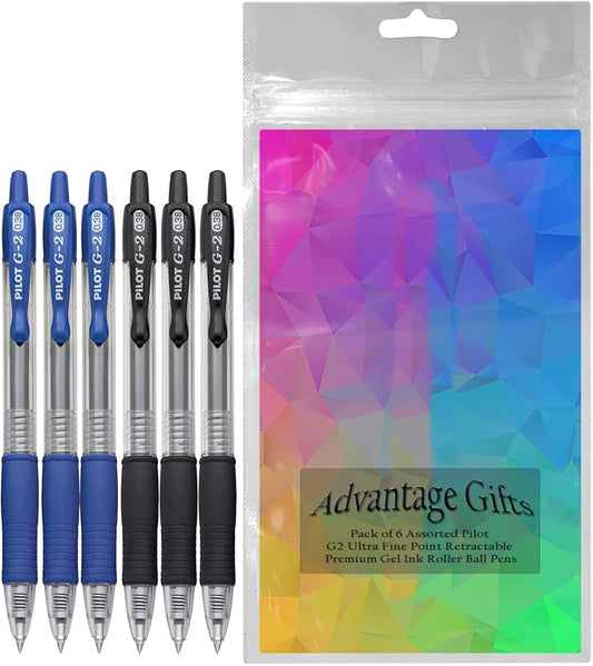 G2 Retractable Premium Gel Ink Roller Ball Pens Ultra Fine Point (.38mm) Black/Blue Ink 6 pack; Refillable & Premium Comfort Grip Bundle with Plastic Reusable Pouch