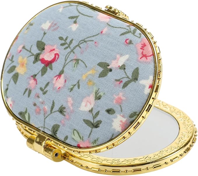 VOCOSTE Compact Flower Pocket Mirror - Oval Mini, Vintage Folding Travel Portable Pocket Mirror for Women, Blue