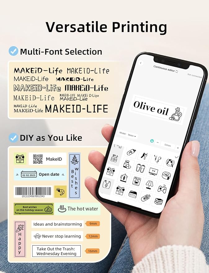 MakeID Label Maker Machine with Tape - Compatible with 9/12/16mm Waterproof Tape, Portable & Rechargeable Label Makers with Built-in Cutter Wireless Label Printer Compatible with Android & iOS Devices